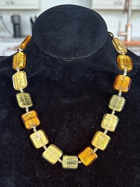 Vintage Venetian Murano Glass Chunky Square Bead Gold Foil Necklace - 18 inches